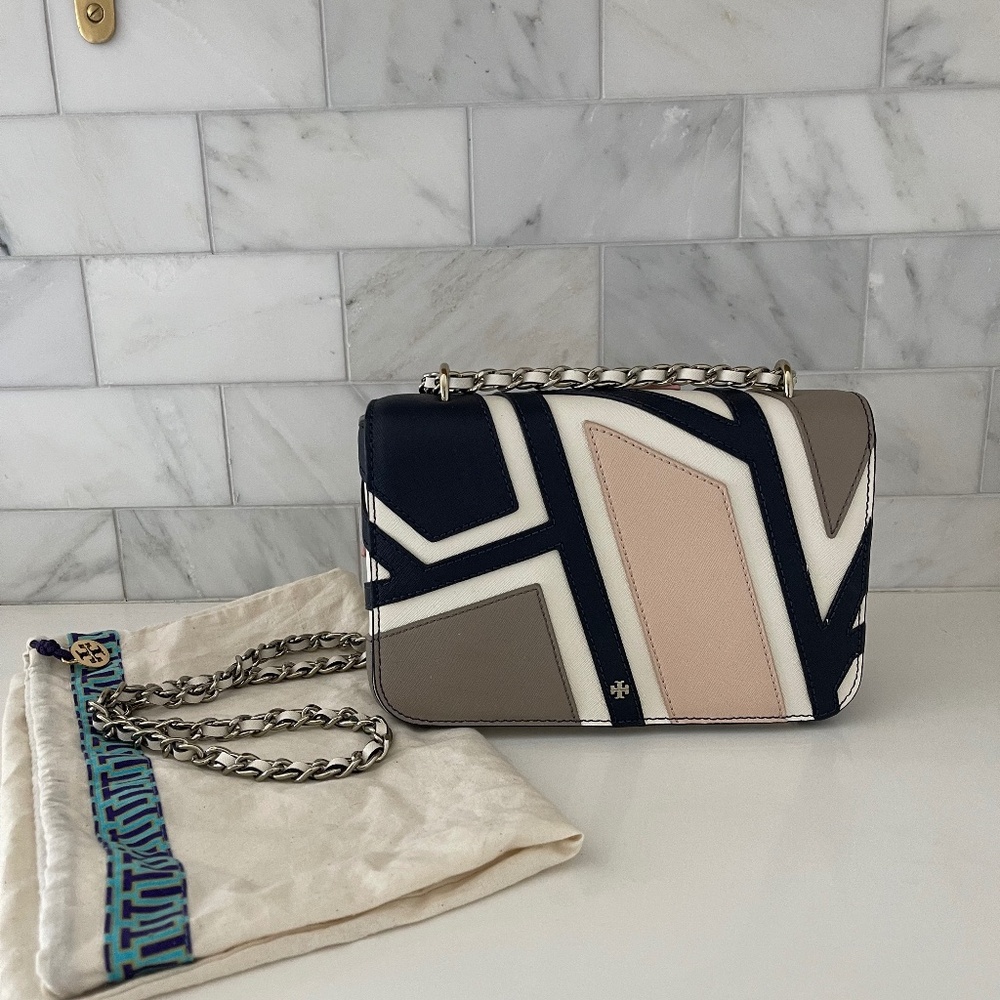 Tory Burch Robinson Fret Patchwork Leather Shoulder Bag, Ivory pink Multi